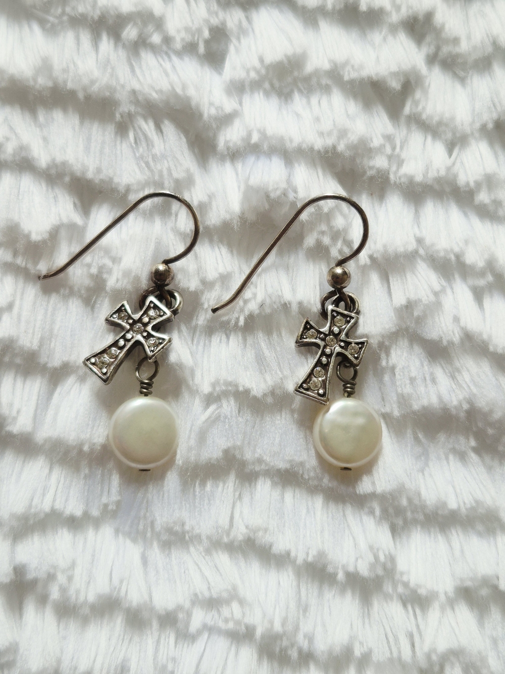 Silver Tone Pearl Drop Cross Dangle Earrings